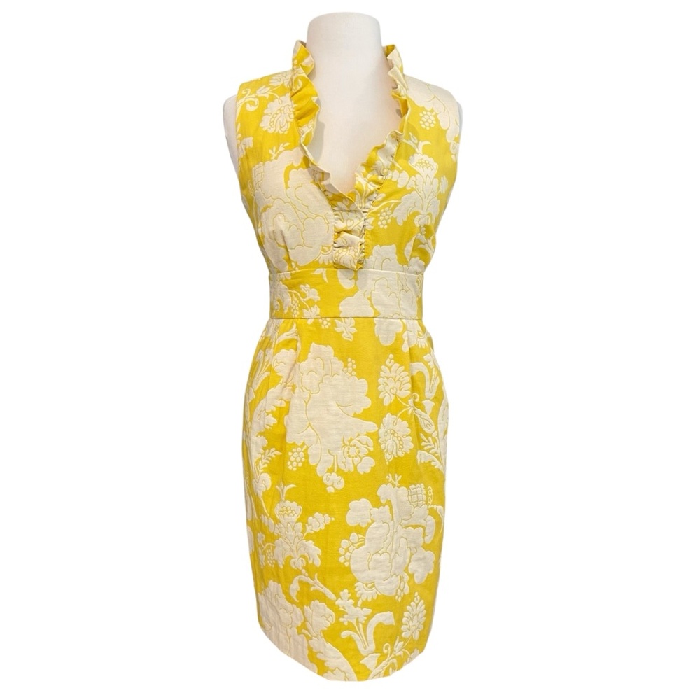 Stunning New direction fitted dress yellow &white jacquard floral empire size 10